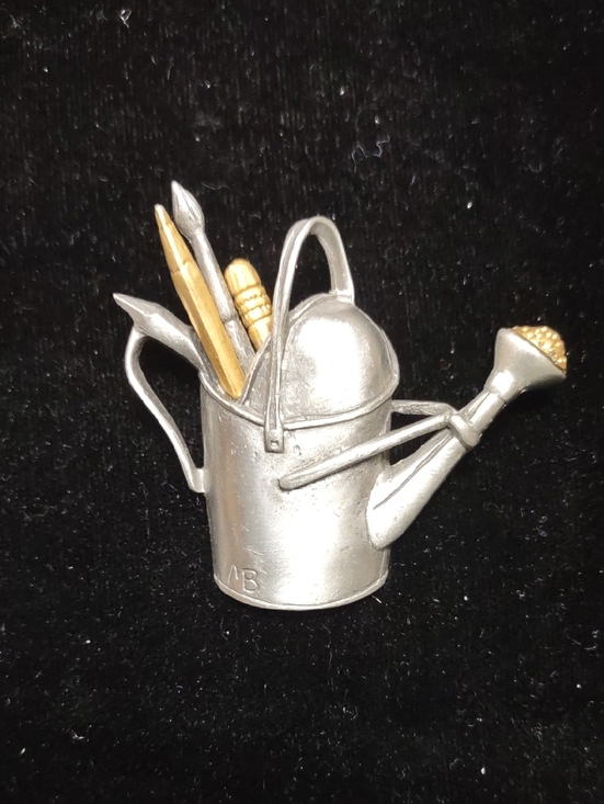 Marjolein Bastin Jewelry - M. Bastin Signed Pewter Watering Can Artist Paintbrush, Pencils, Tools